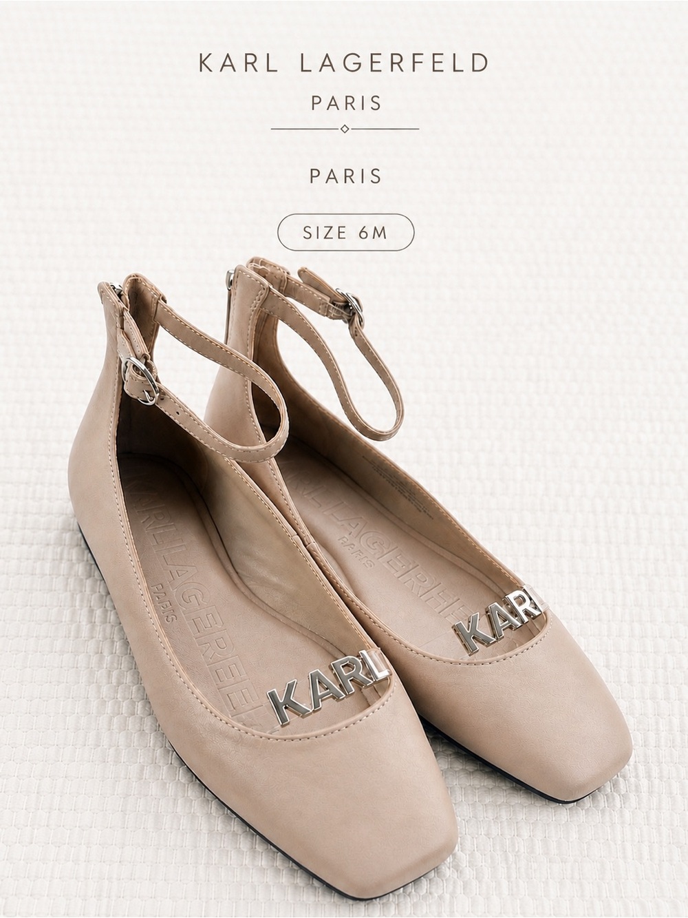 Karl Lagerfeld Paris Nude Leather Flats Ankle Strap Logo Ballet 6